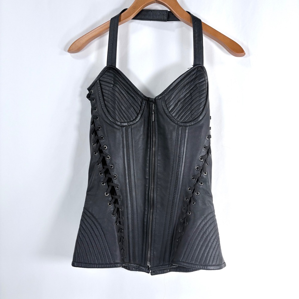 Vance Corsets Leather Halter Top Corset Black Lambskin Moto Goth Waist Cincher S